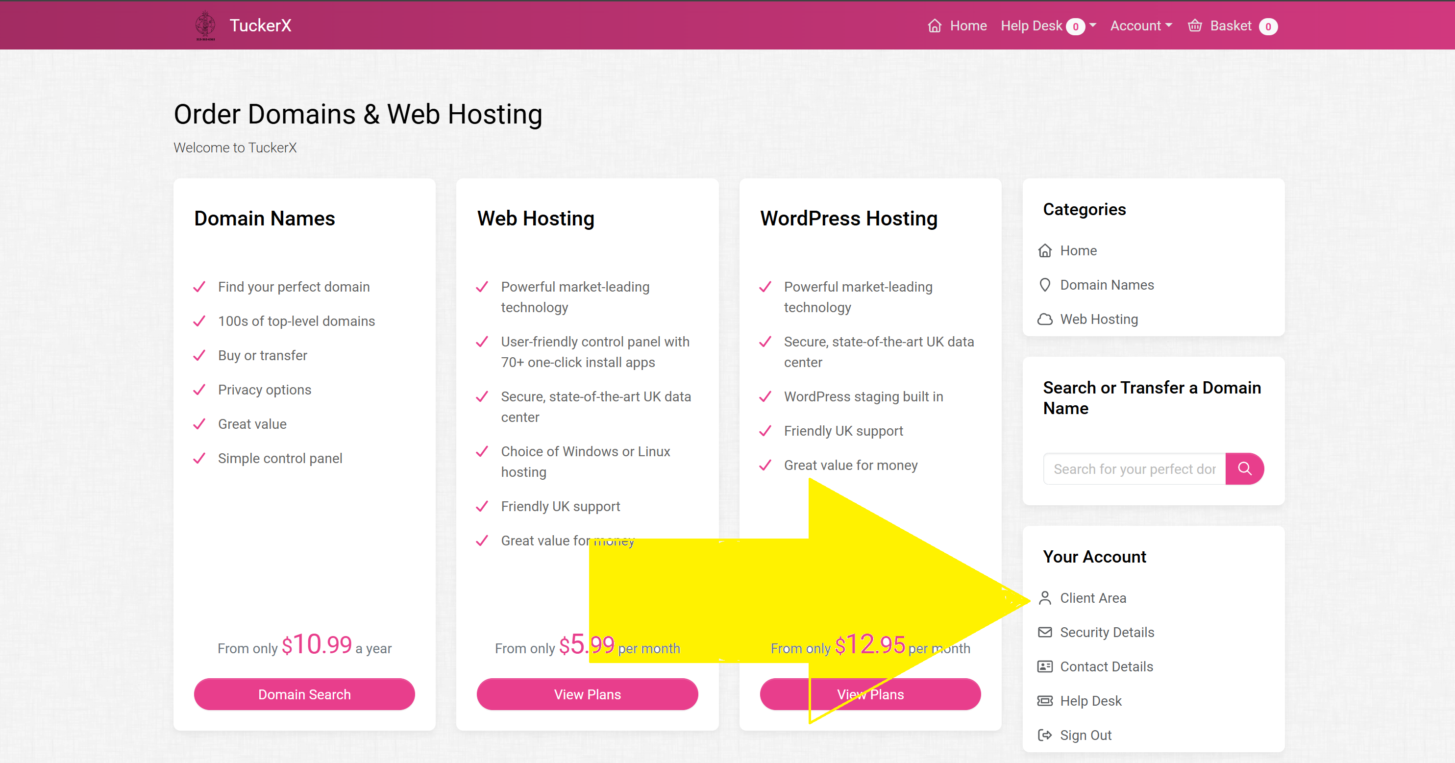 Website Client Area Navigation